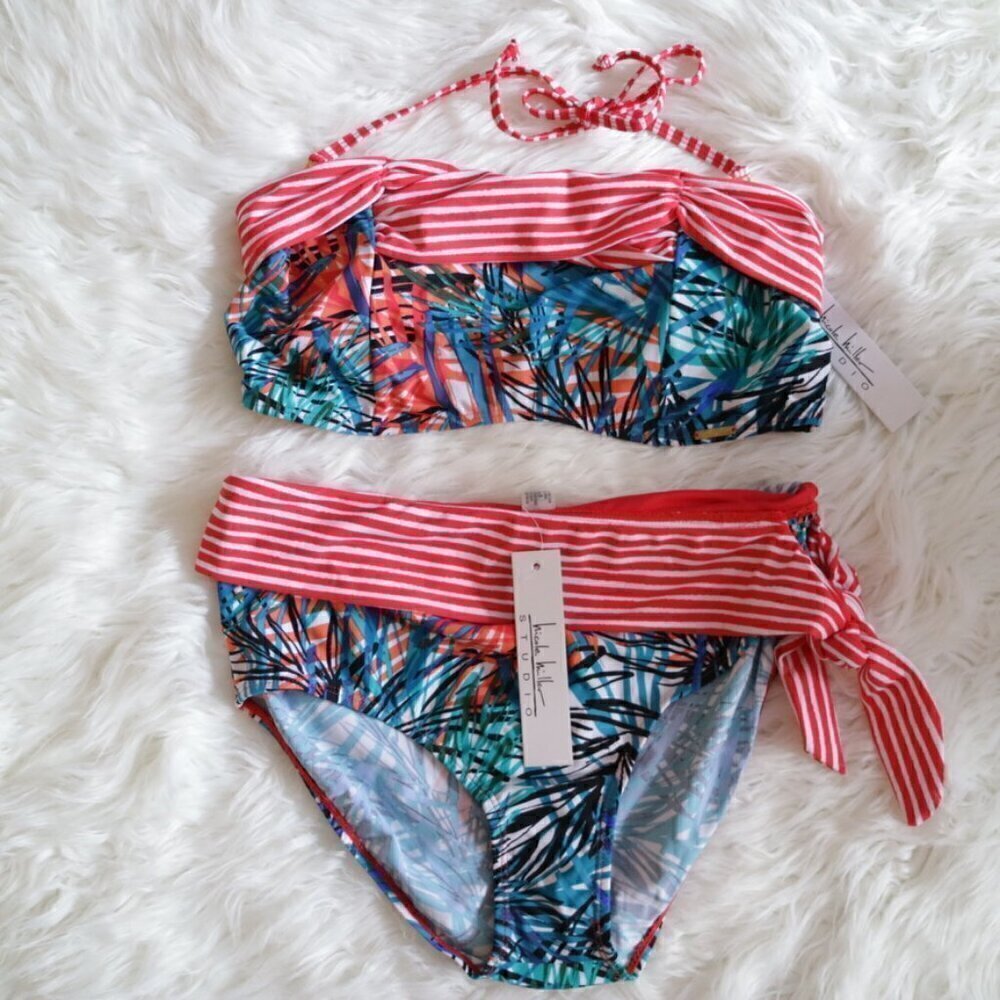 Nwt Nicole Miller Tropical Printed Bikini Set Size 10 Large Bathing Suit